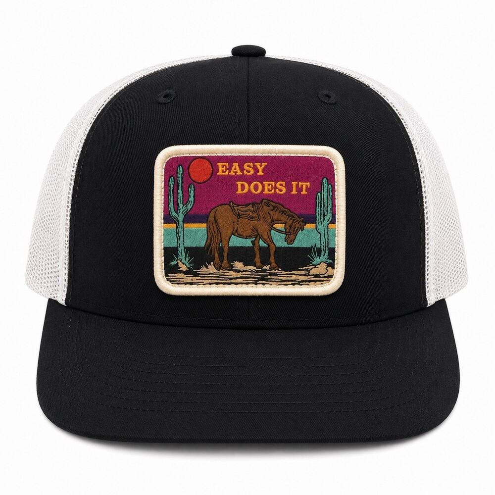 Easy Does It Desert Horse Patch Trucker Hat Black White Mesh Snapback…7
